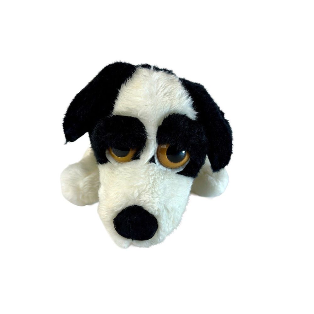 Russ Berrie Marshmallow Dog Plush Stuffed Animal White & Black Soft 9" red bow